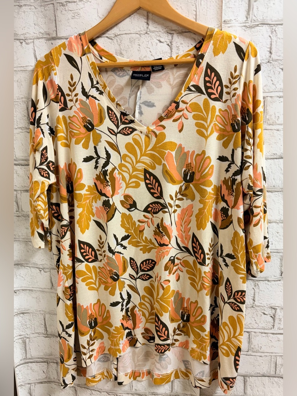 Rachel Zoe Cream Floral V-Neck Tunic with Mustard & Peach Flowers